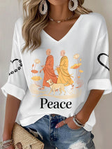 V-Neck Retro Walk For Peace Monks With Aloka Dog Print T-Shirt