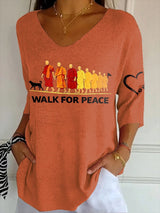 V- Neck Retro Walk For Peace Monks With Aloka Dog Print Shirt